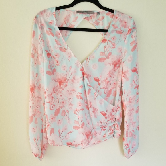 Guess Tops - Guess | Sky Blue and Pink Floral Wrap Blouse